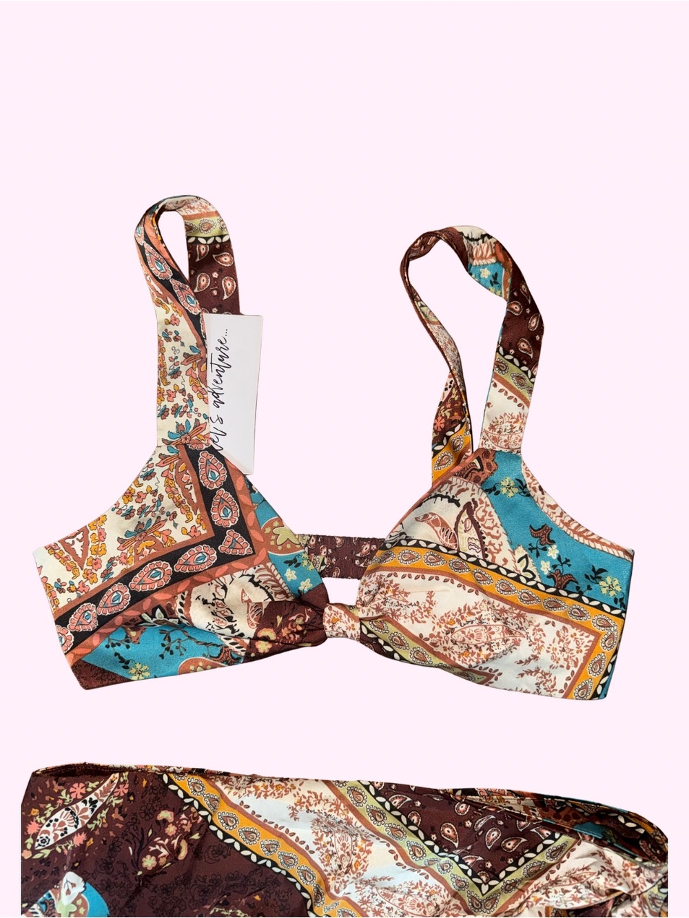 Paisley Print Bikini Top and Fringe Sarong Set in Turquoise & Brown - Picture 2 of 6